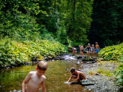 Dzieci kąpią się w strumieniu w lesie.