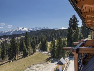 Widok na góry i las z drewnianego tarasu. Tatry, Polska.