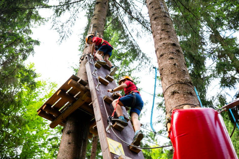 Dzieci w kaskach wspinają się po parku linowym w lesie. Przygoda i aktywność na świeżym powietrzu.